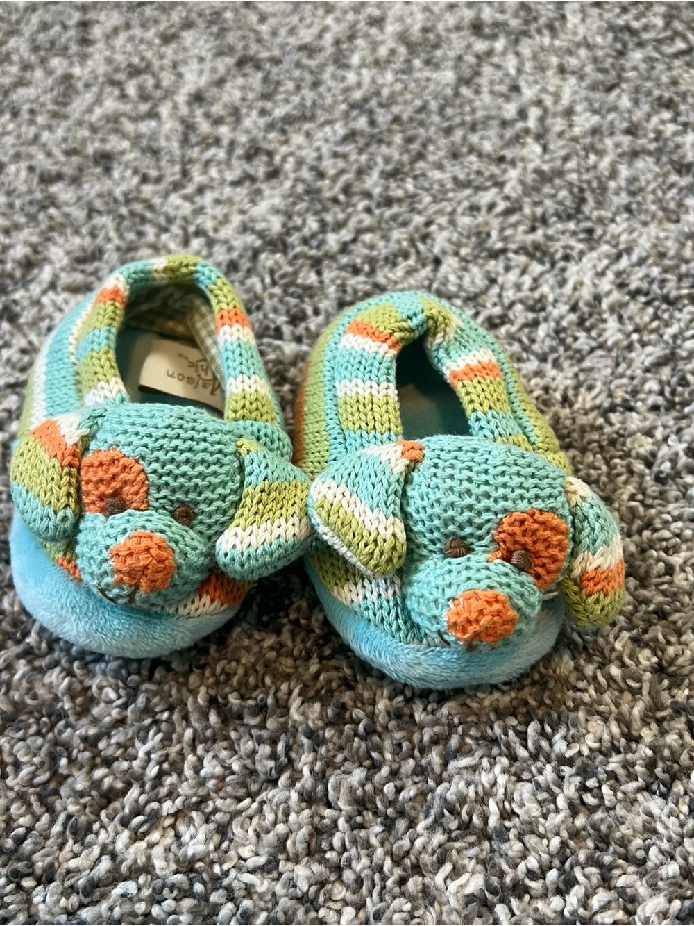 Baby Knit Puppy Slippers - Aqua and Orange